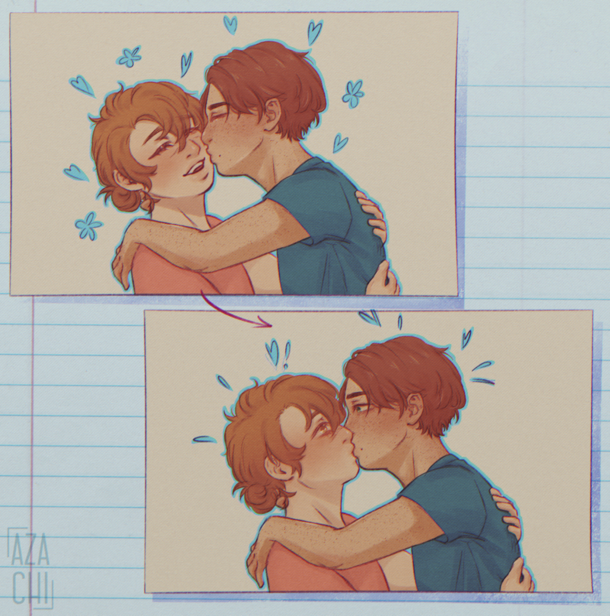 digital artwork of young Jun and Yamato holding each other. in the first panel Yamato is smooching Jun's cheek then they turn their heads at the same time causing their lips to accidentally meet in the second part