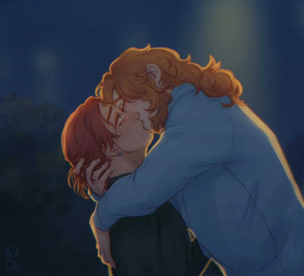 digital artwork of Yamato and Jun kissing in a park at night, illuminated by the streetlights, with Jun embracing his dearest. they're both crying