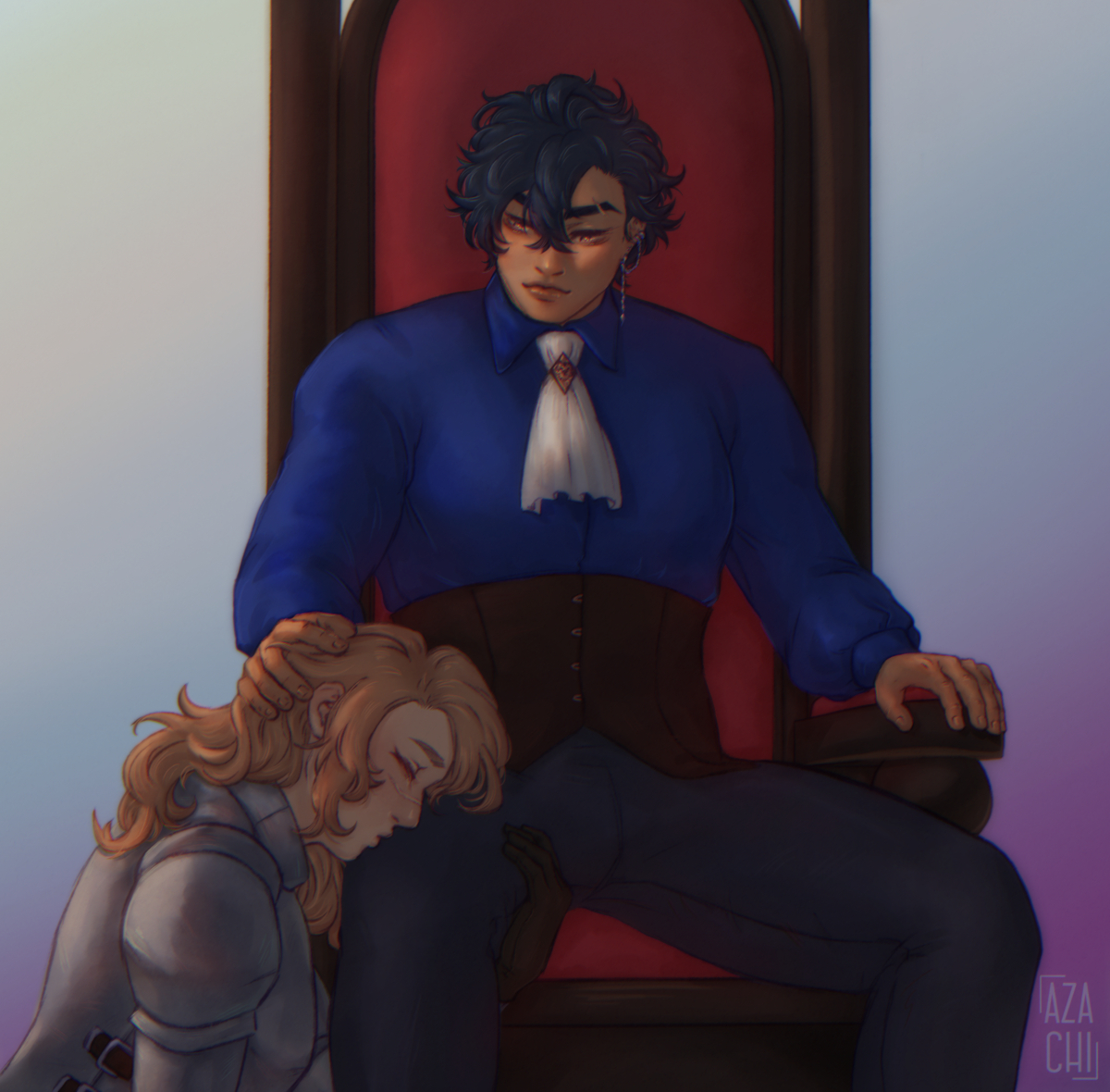 digital artwork of D sitting in a chair/throne with an armored Jun at his feet kissing and cradling his leg, D looking fondly at him as he pets his hair