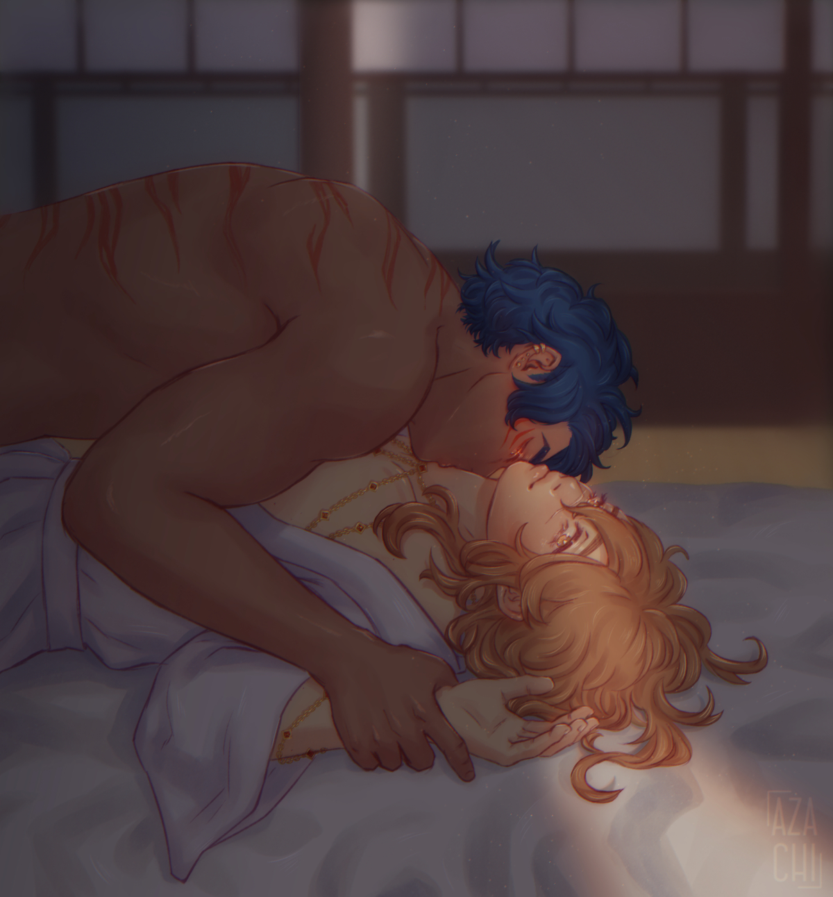 digital artwork of god D and Jun, D is pinning Jun down and kissing his neck. they're both looking towards the viewer as the light from outside shines on them